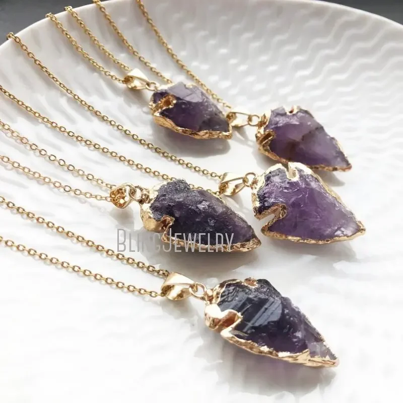 

10pcs February Birthstone Amethyst Arrowhead Arrow Pendant Necklace Women Gold Color Stainless Steel Link Chain Jewelry