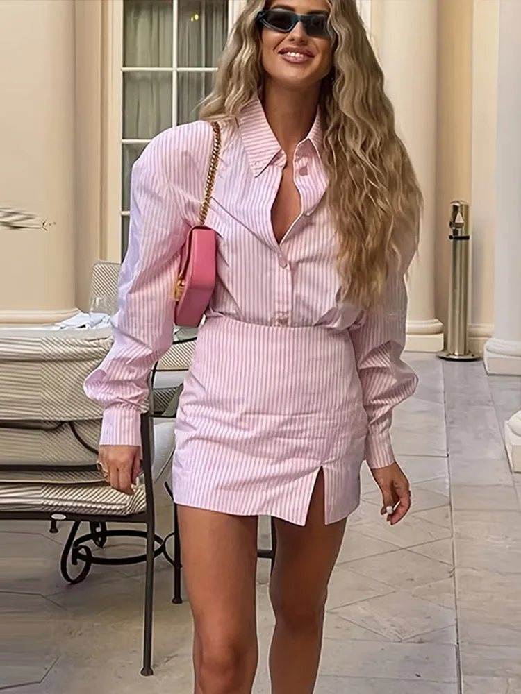 

2026 Lady Sets Women Summer 2 Piece Set Women's Fashion Stripe Shirt Skirts Suit Long Sleeve Turn-Down Collar Side Split Skirt