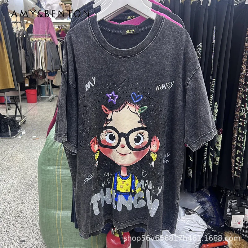 

Свободная футболка с короткими рукавами и принтом со стразами для тяжелой промышленности, женские летние модные универсальные футболки средней длины