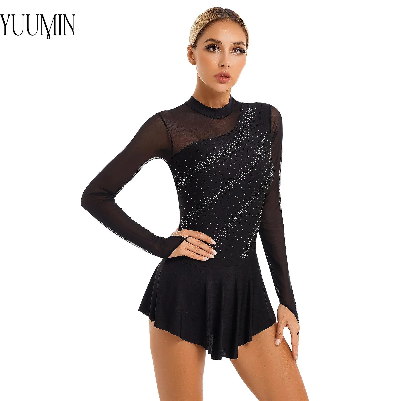 Women Figure Skating Dance Dress Glitter Rhinestone Sheer Mesh Patchwork Long Sleeve Leotard Dress Lyrical Dance Stage Dancewear