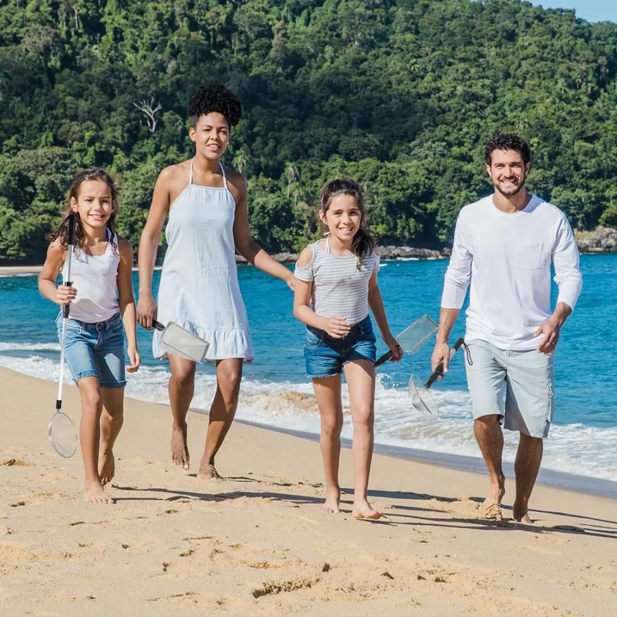 Pifter de arena para playa, 3 juegos de postes telescópicos de arena para tamizar la playa con cestas de cucharas, bolsa de malla para recoger conchas, palas, tiburón T