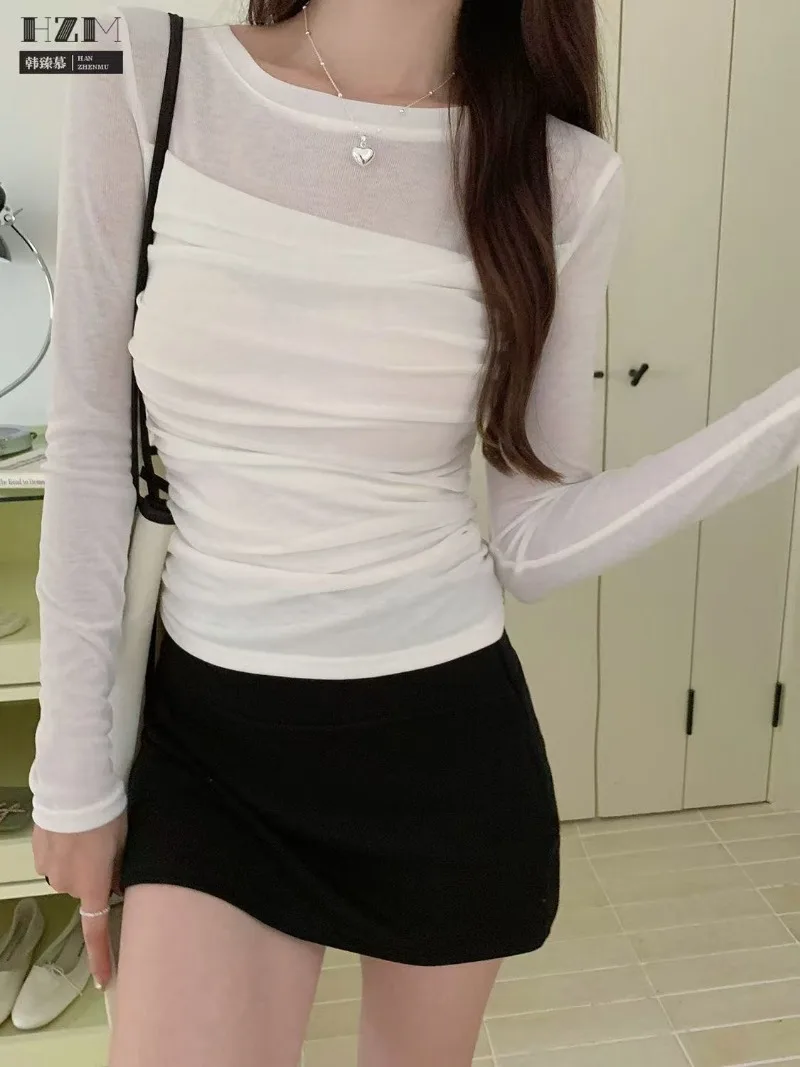 Korean Style Mesh Long Sleeve Top for Women Pleated See Through T-shirt Kpop Cuteore White Korean Popular Clothes Female T Shirt