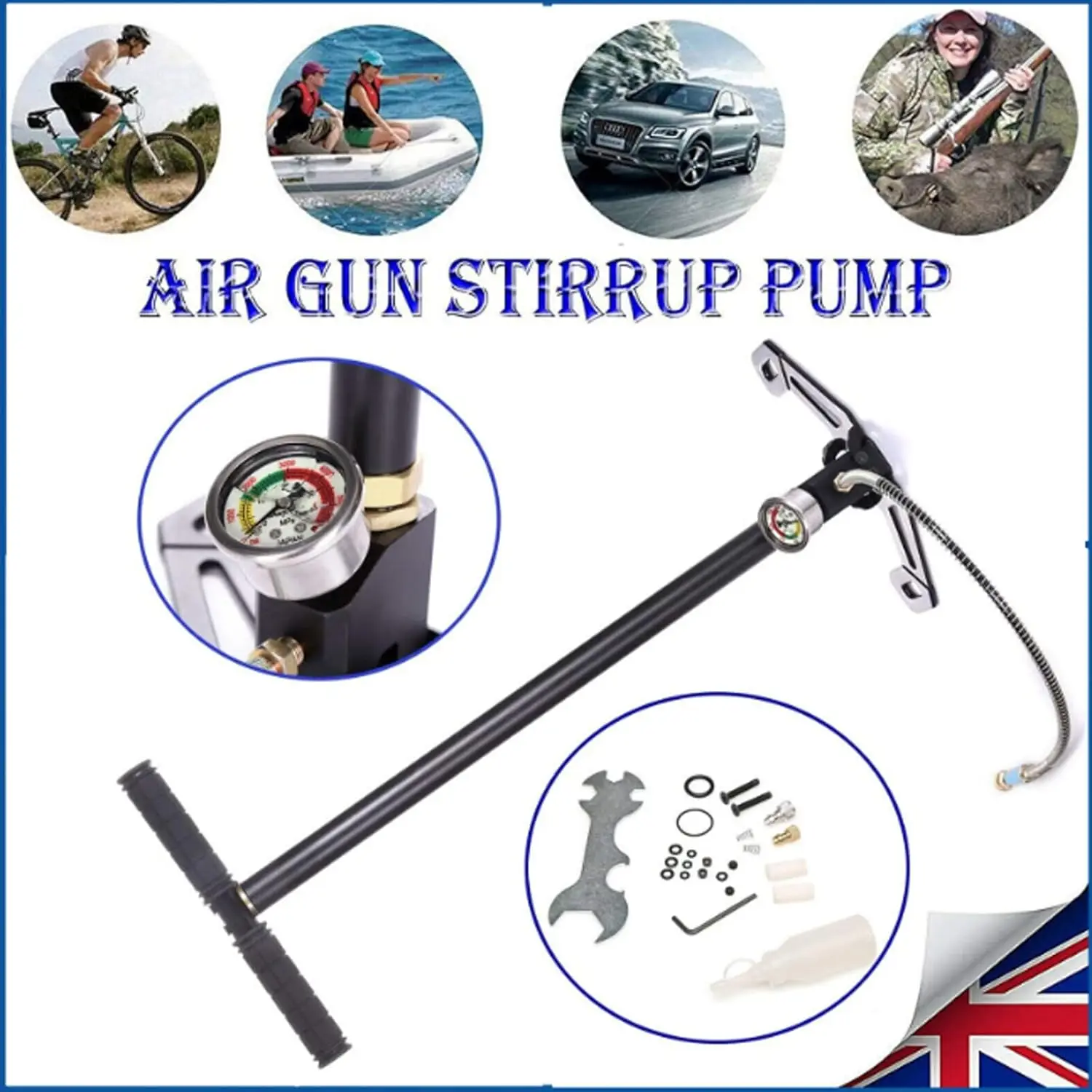 BRIEFNESS Inflatable Pump 4500 Psi 3 Stage Stirrup Pump Hand Pump Portable Manual Tyre Floor Pump with Pressure Gauge