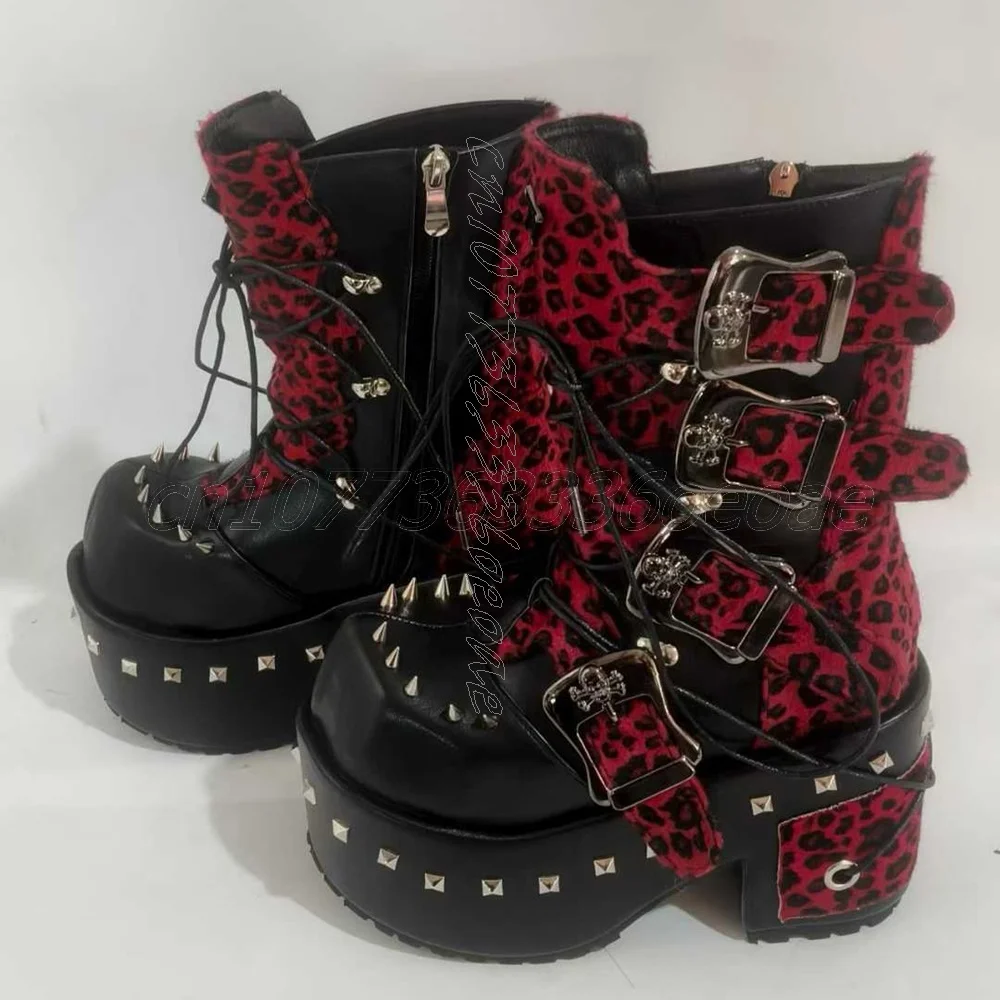 Dicke Sohle, Leopardenmuster, mittelhohe Stiefel, Nieten, Schnürung, Plateauschuh für Damen, Schnallengürtel, Punk-Modeschuh, 2025, Zapatos Para Mujere