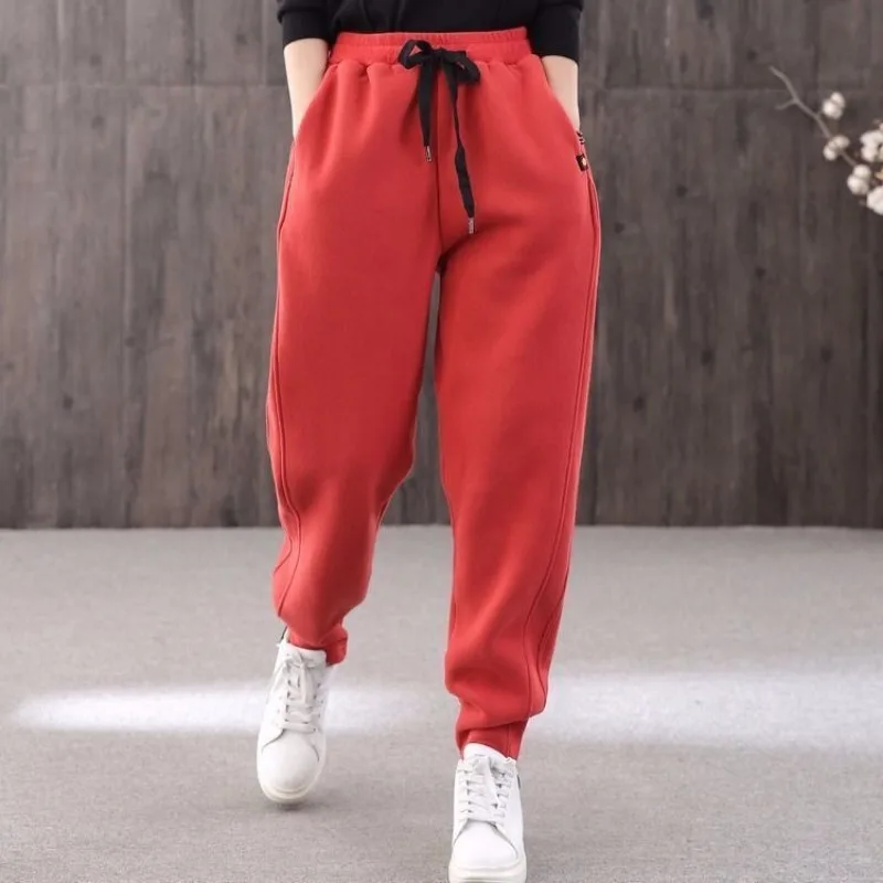 Women Autumn Winter Korean Loose Fleece Thickening Solid Color High Waist Straight Women Clothes Casual All-match Sweatpants