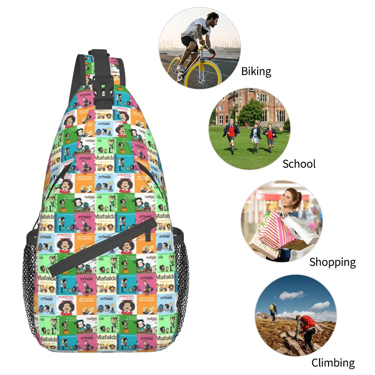 Anime Plaid Mafalda Cross body Schulter taschen coole Brusttasche Schulter rucksack Tages rucksack zum Wandern Outdoor-Fahrrad tasche