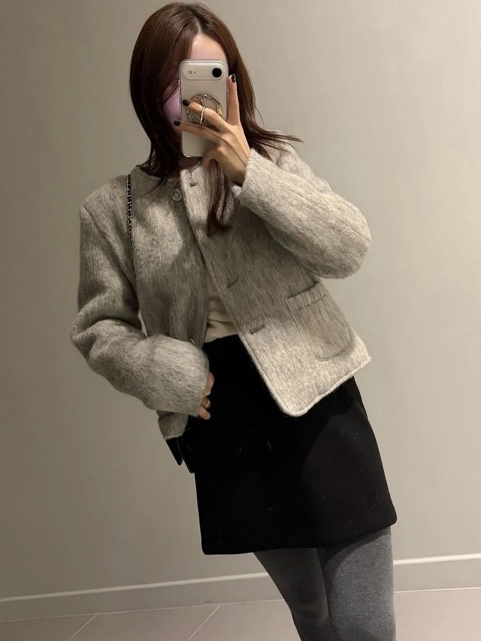 

Ele Woolen Coat Women's Chic High-End round Ne Single Button Versatile Outerwear Faionable Chinese Brand Winter Coat