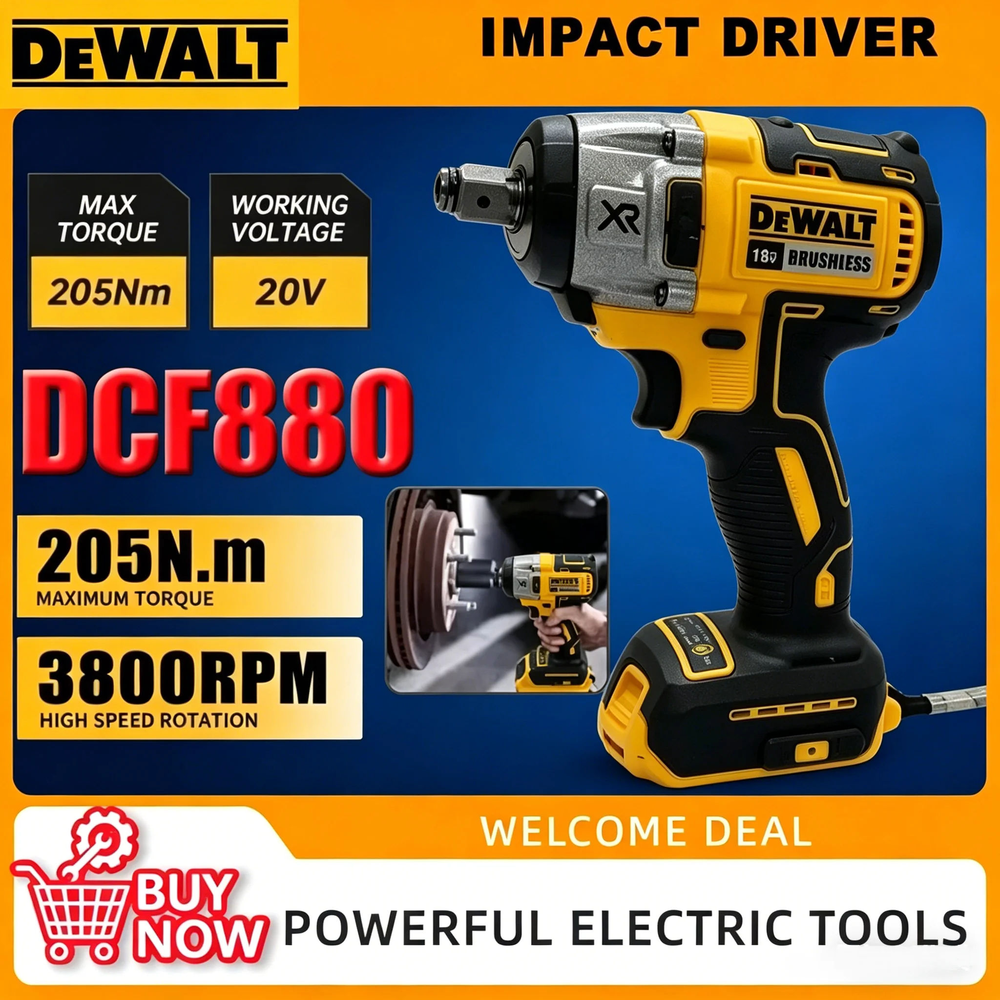 

Бесщеточный аккумуляторный ударный гайковерт DEWALT DCF880 205 Нм, 20В, литий-ионный, высокомощный, для демонтажа шин и авторемонта, без АКБ и ЗУ