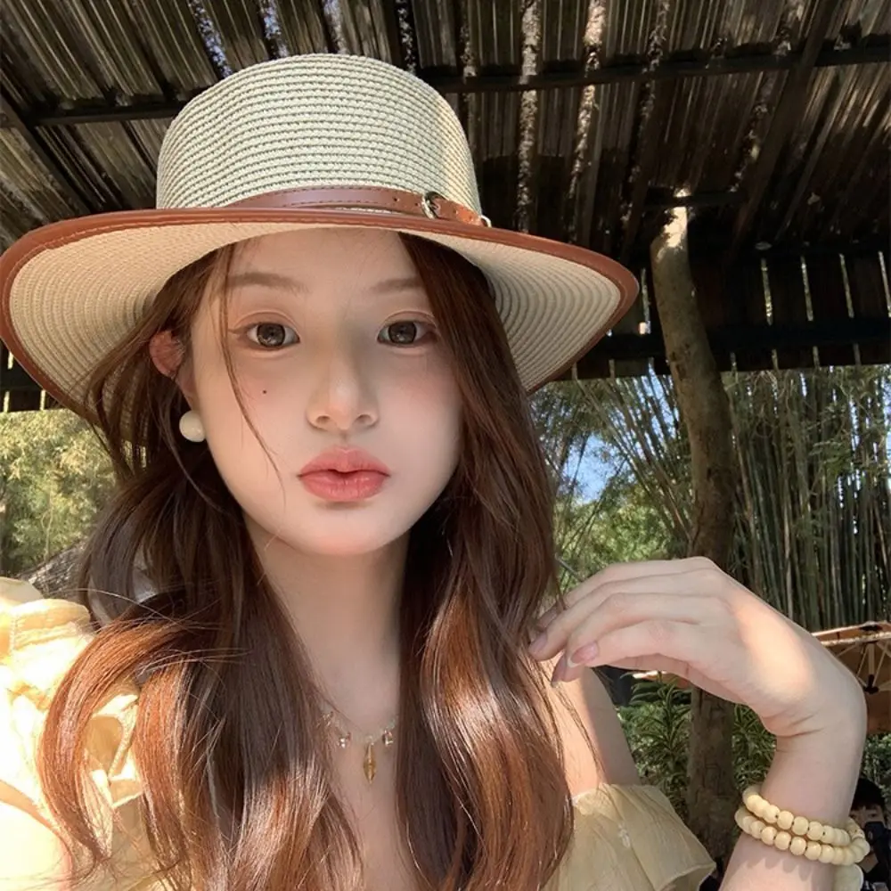 

Simple Korean Style Straw Woven Hat Wide Brim Flat Brim Women's Sun Hat Sunscreen Concave Top Panama Hat Travel