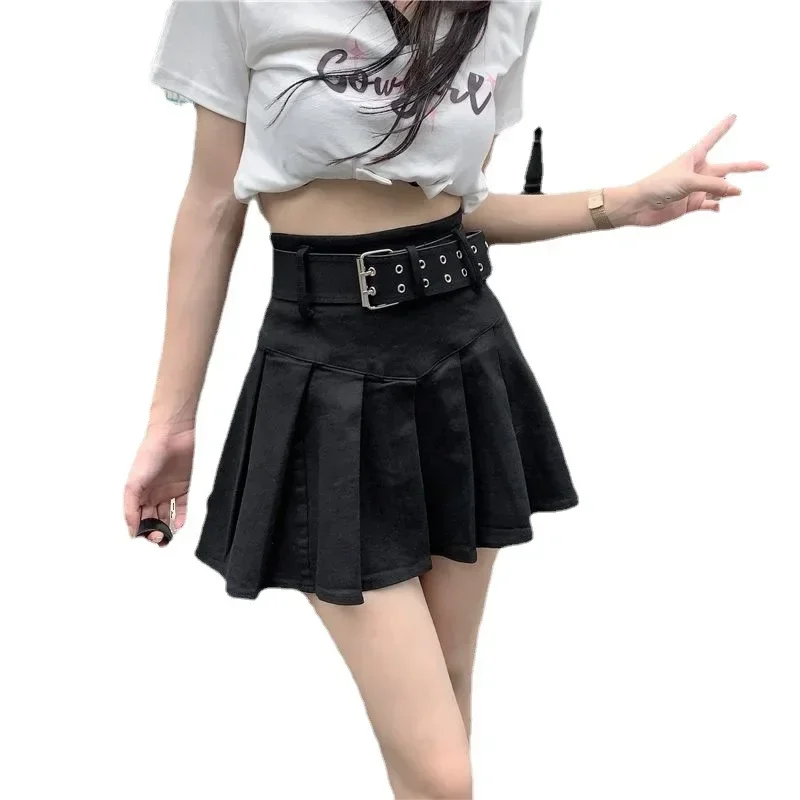 2025 New Korean High Waist Pleated Skirts Women Summer Belt A-line Skirt Woman Sexy Beauty Streetwear Mini Skirt Y2k