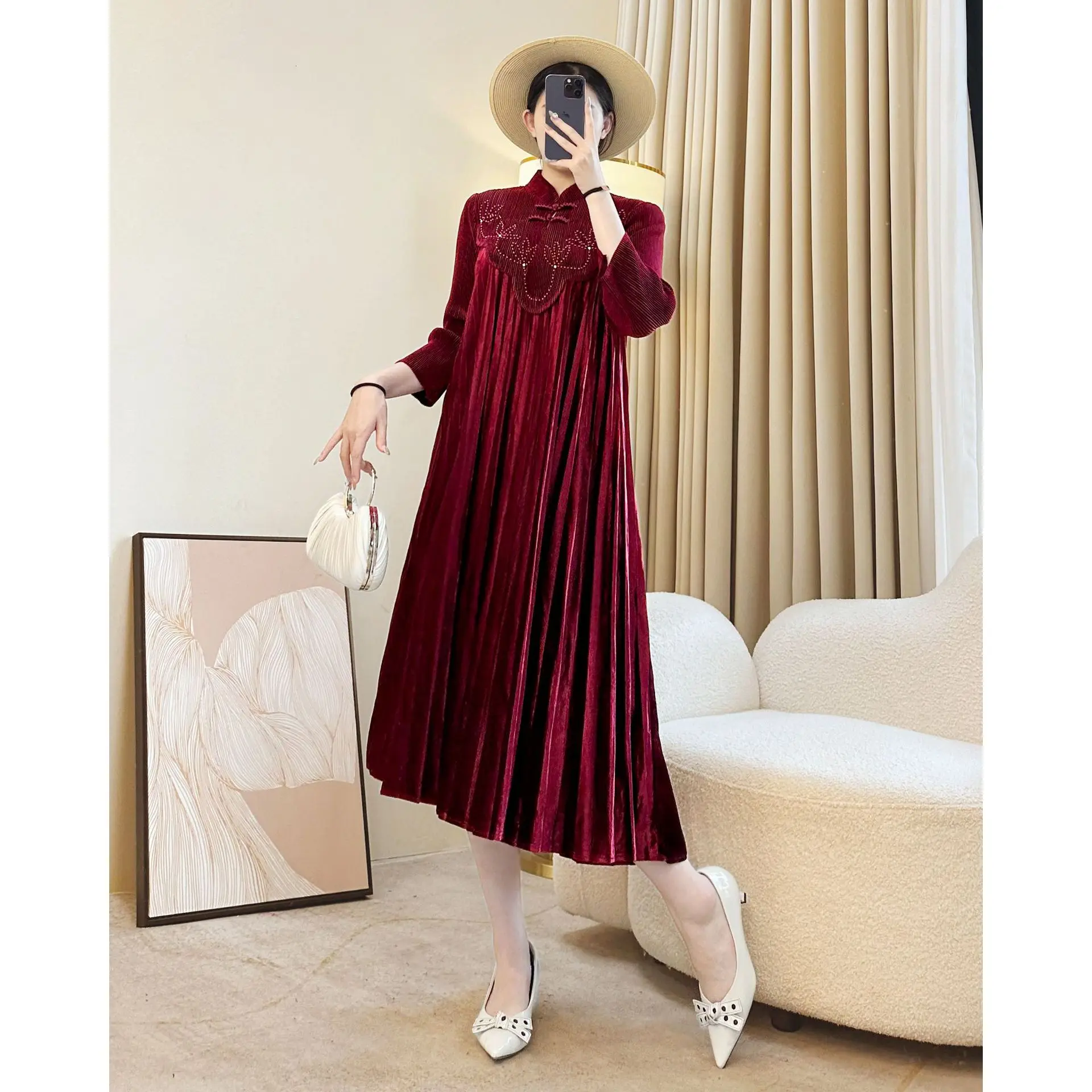 Miyake geplooide fluwelen jurk effen kleur stiksels opstaande kraag pofmouwen losse elegante geplooide trouwjurken voor dames