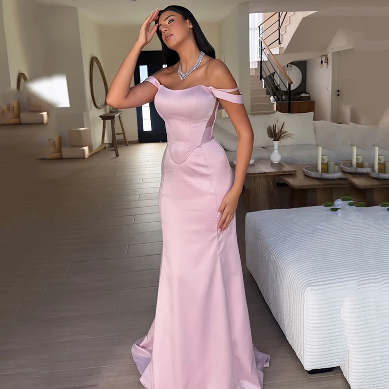 Thinyfull Simple Mermaid Prom Evening Dresses Off The Shoulder Floor Length Party Dress Pink Long Cocktail Prom Gowns Customized