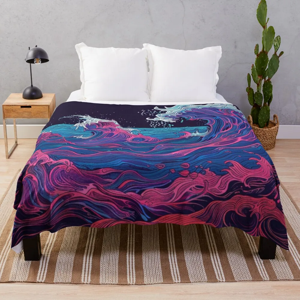 Abstract wave pattern neon colour palette Active Outdoors Inspired Art Throw Blanket Loose Retros Sofa Soft Blankets