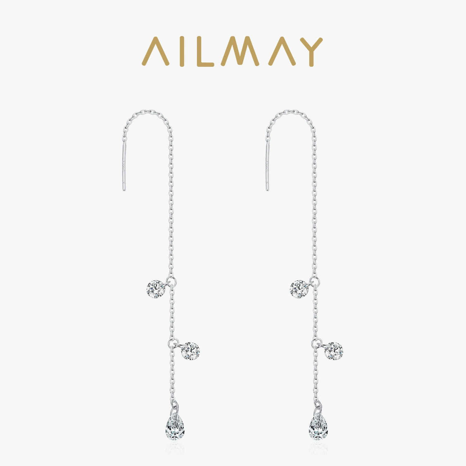 Ailmay 925 Sterling Silver Long Chain Tassel Earrings for Women Shining Waterdrop Zircon Dangle Earring Wedding Jewelry