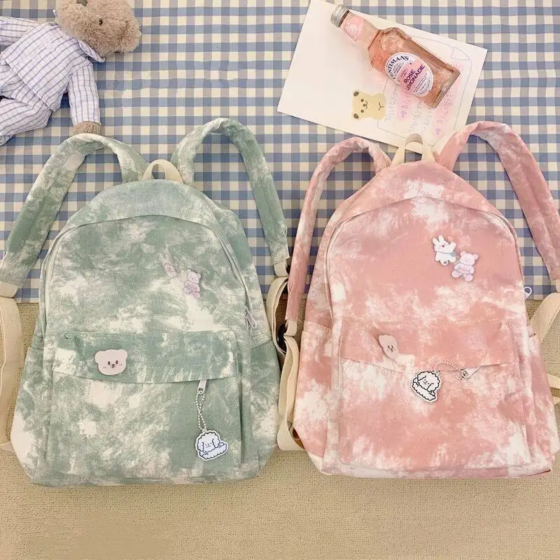 Kawaii Sweet Tie Dye Book Bag, Teens Girls High School Bookbag, Canvas Versatile Travel Backpack