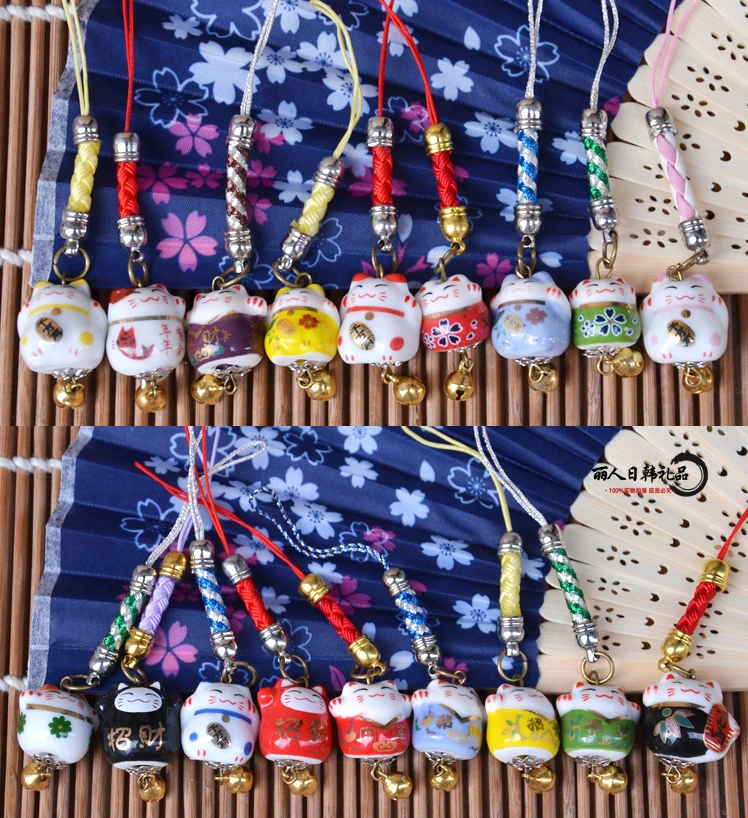 10/20pcs Mixed Styles Maneki Neko Fortune Cat Ceramic Bag Pendant Keychains Chanrms