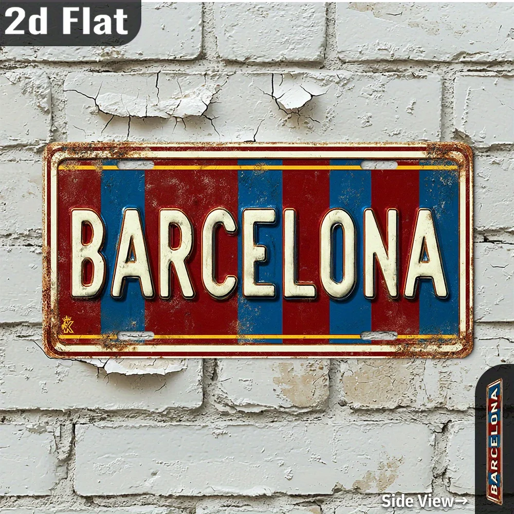 2D Flat, 1pc Vintage Barcelona Metal Wall Art Sign - Rustic Aluminum Plaque with Blue & Red Stripes, Garage, Bar, Cafe Decor