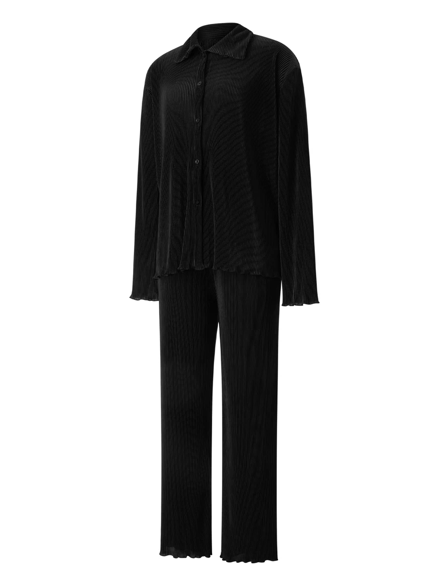 Women Two-Piece Pleated Pajamas Suit Button-Down Lapel Long Sleeve Tops Wide Legs Long Pants Loungewear Set Streetwear