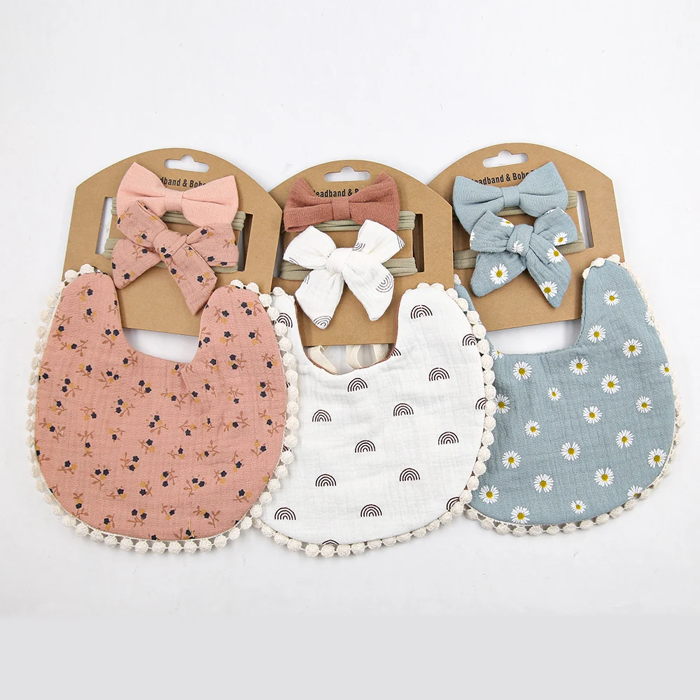 3Sets/Lot Baby Flower Bibs & Headbands Bow Nylon Hairbands Double Side Saliva Towel Feeding Burp Cloth Scarf Boys Girls Headwear