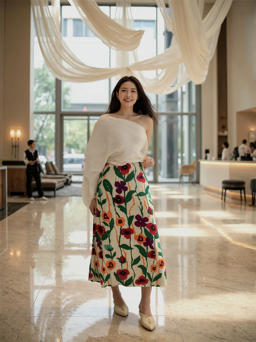 Saias femininas cintura alta estampa floral saia plissada design estético leve para festa de praia ou verão roupas diárias macias