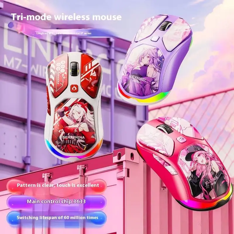 Lingbao M7 Three Mode Wireless Mouse Sublimates Ip Theme E-Sports Game Computer Office Lightweight Long Range Mouse Peripherals