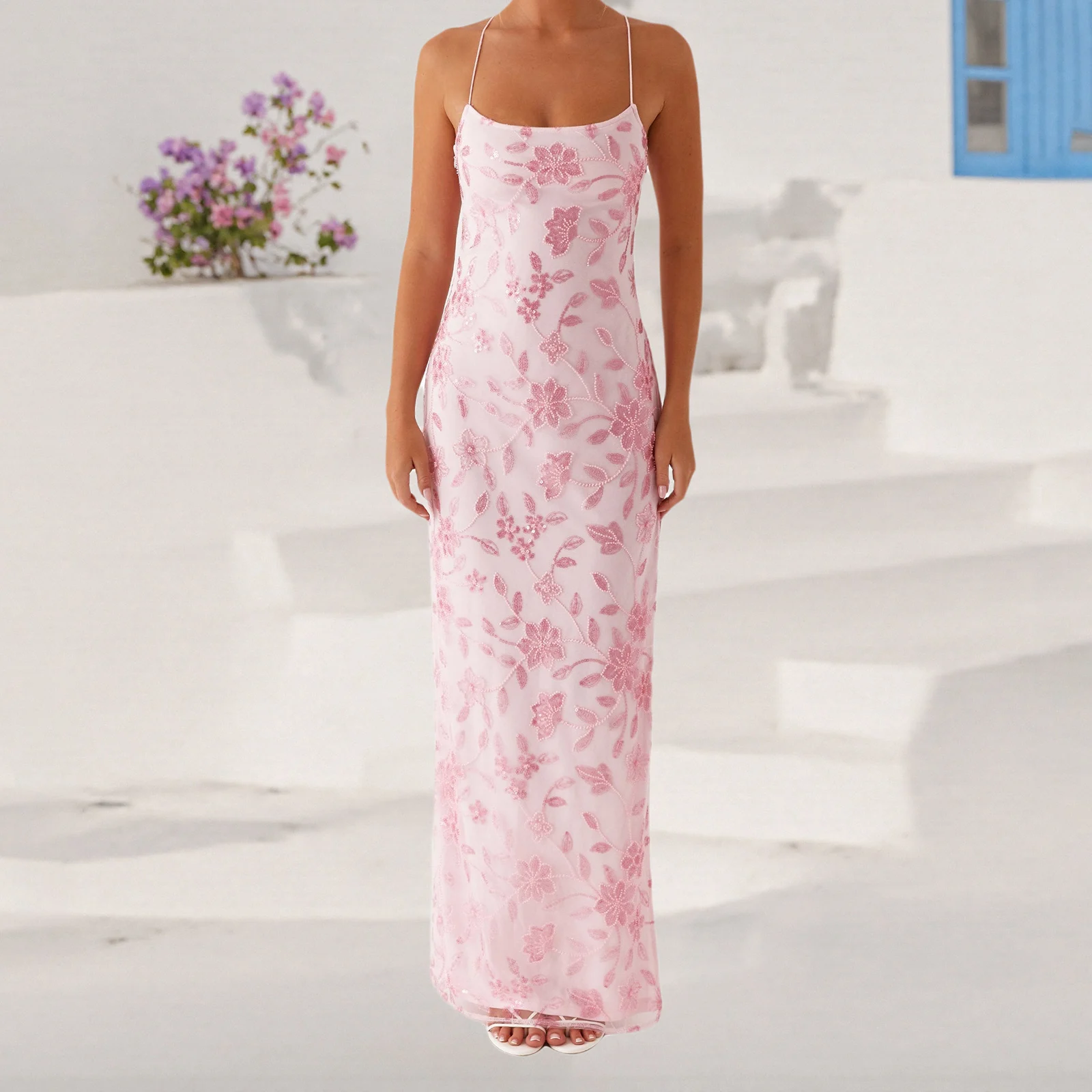 Kobiety Seksowna sukienka z cekinami z koralikami Sparkly Maxi Dress y2k Coquette Square Neck Floral Cami Side Split Glitter Bodycon Long Dress Clubwear