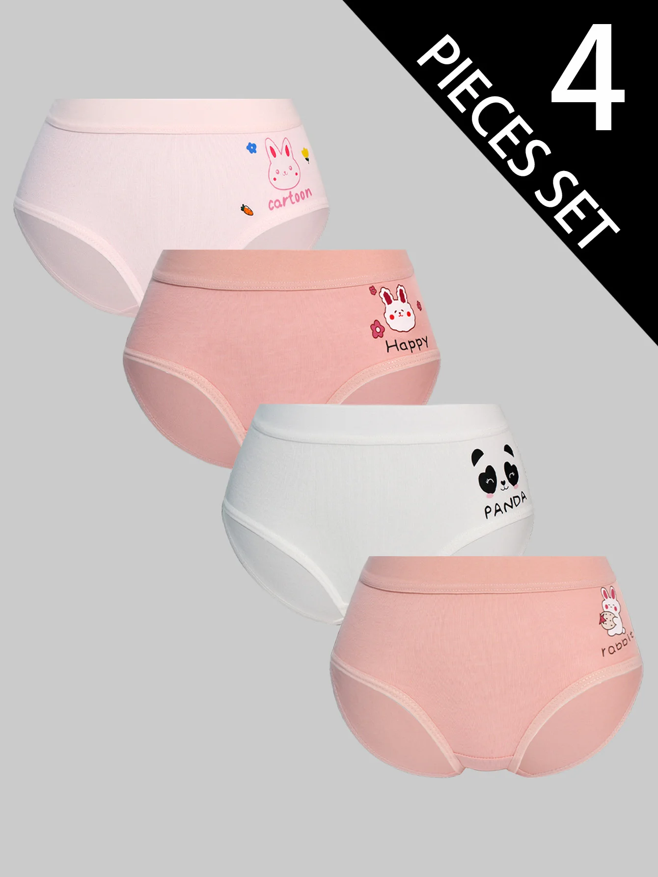 4-Piece Set Adorable Pink Rabbit & Panda Girls' Triangle Pants 8-12 Years Comfortable Breathable Briefs for Girls