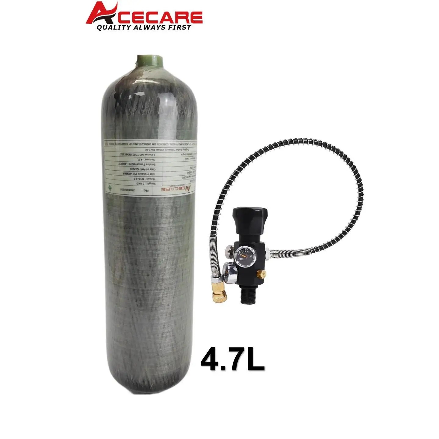 ACECARE 4500psi 300Bar 4.7L Carbon Fiber Cylinder High Pressure Tank Charging Regulator Fill Station Dual Gauge Valve M18*1.5