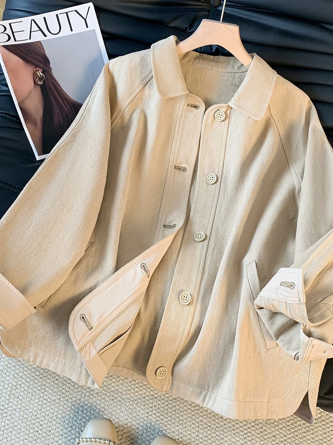 Retro Style Pure Cotton Plaid Jacket Short Outerwear Women's Casual Loose Large Size Collar Stand-up Top Autumn Wear