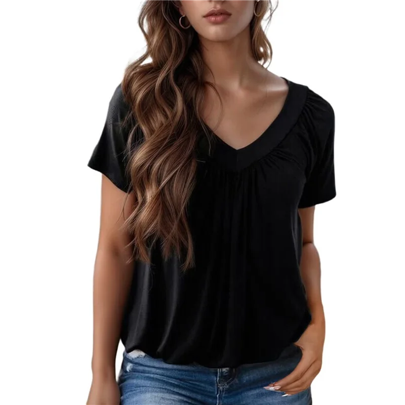 

AU13-Womens Short Sleeve Casual Tops Dressy V Neck T Shirts Loose Fit Summer Pleated Blouses