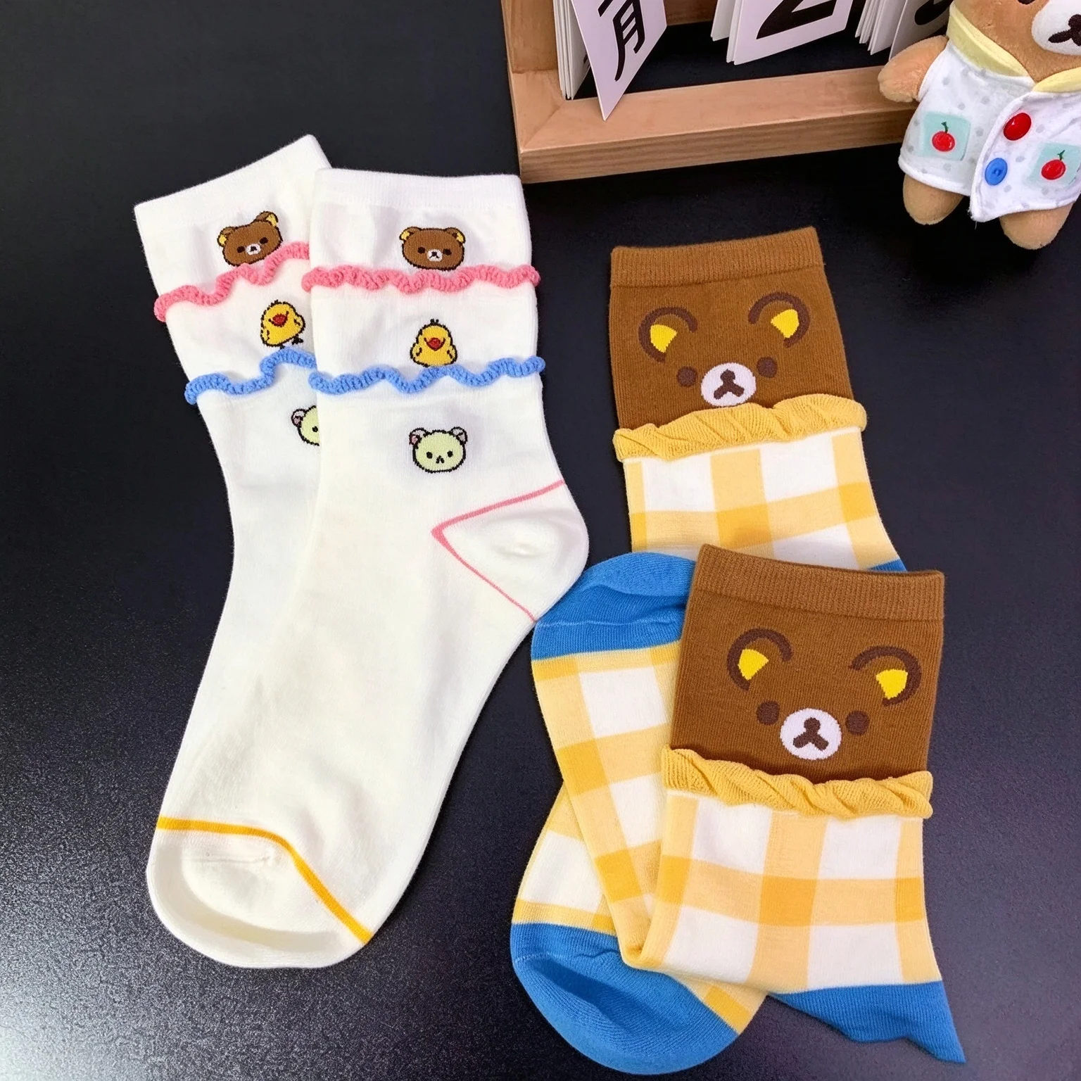 4 Pairs Cute Cartoon Bear Mid Calf Socks Japanese Sweet Preppy Style Cotton Socks Candy Color Plaid Animal Casual Girls Socks