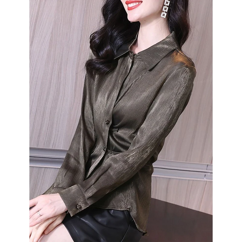 Women Vintage Fashion Elegant Asymmetrical Shirts Spring Autumn Office Lady Business Casual Blouse Long Sleeve Slim Tops Blusas