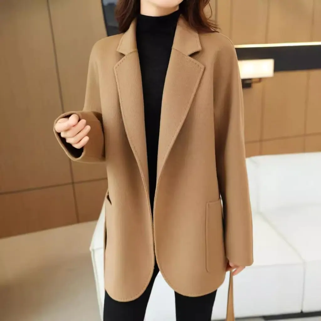 

Women's Double-Sided Tweed Wool Coat Korean Style Mid-Length Autumn Winter Fashion Suit Collar Versatile 100% Wool