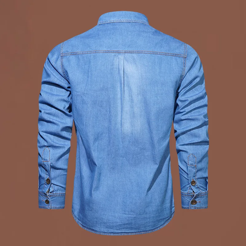 100% Cotton Good Qulaity M-5XL Large Size Denim Shirt Men Spring Fall Fashion Solid Color Long Sleeve Multi-pocket Slim Fit Tops
