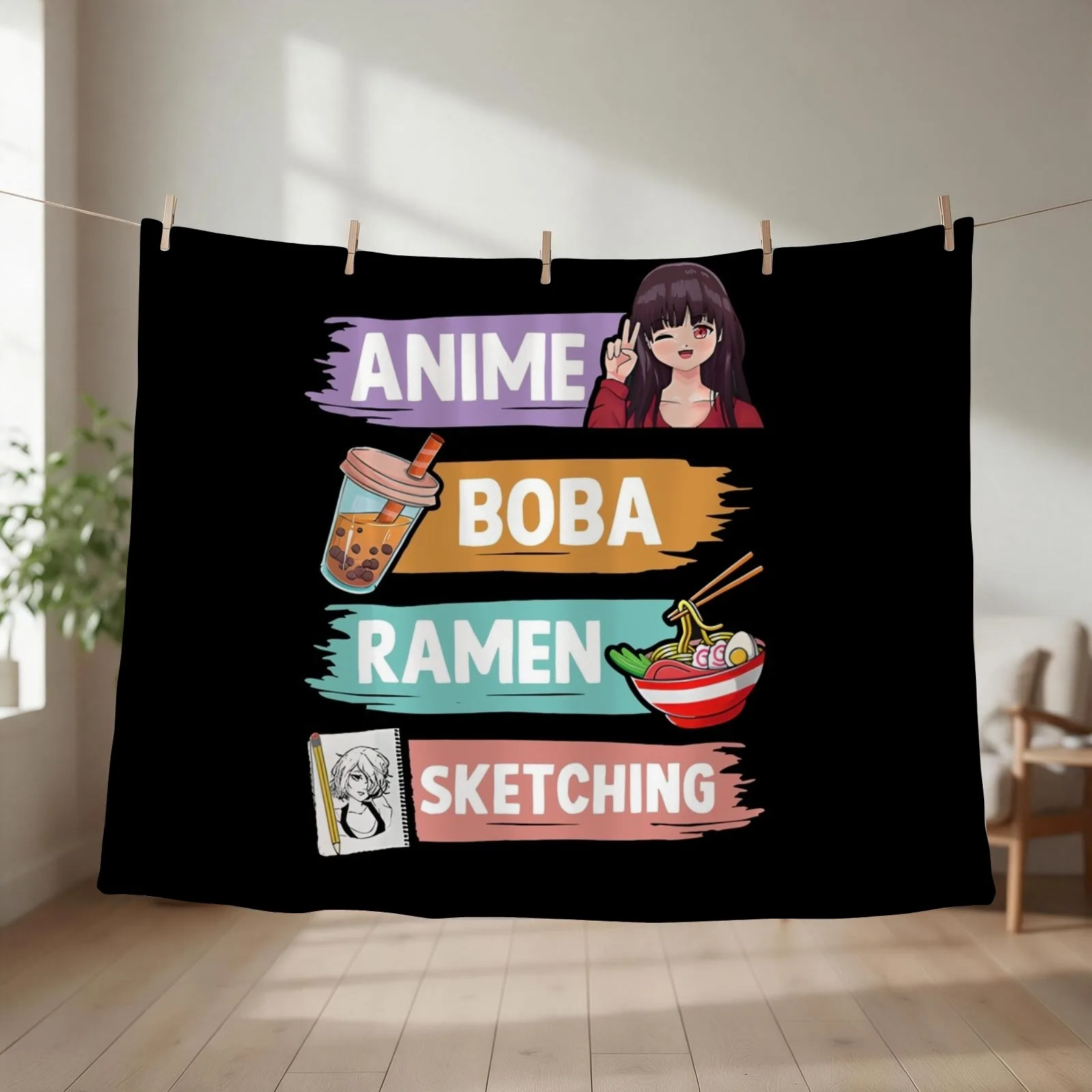 anime boba ramen sketching otaku kawaii anime girl shirt Throw Blanket couch cozy soft plush fuzzy picnic outdoor blanket