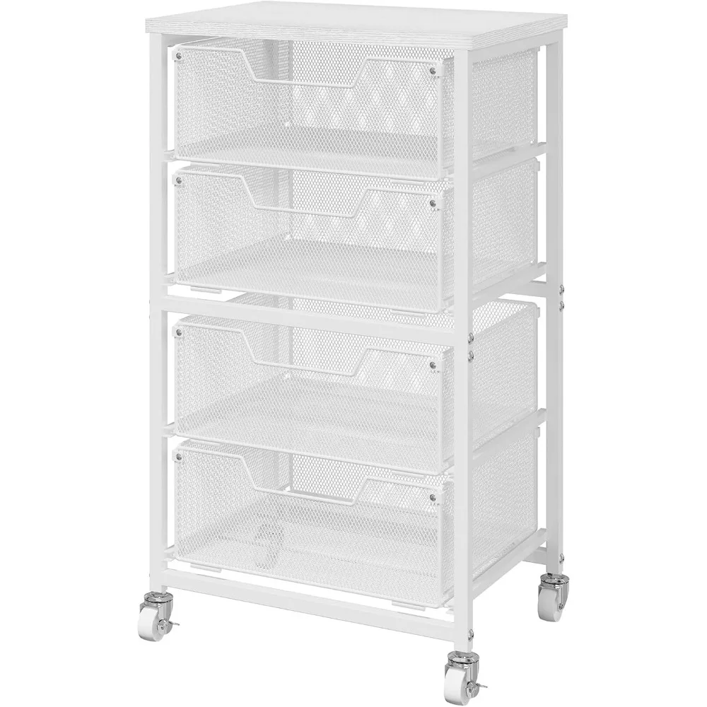 White Rolling Storage Cart with 4 Drawers, Wooden Top & Wheels for Craft, Office, Kitchen Organization
