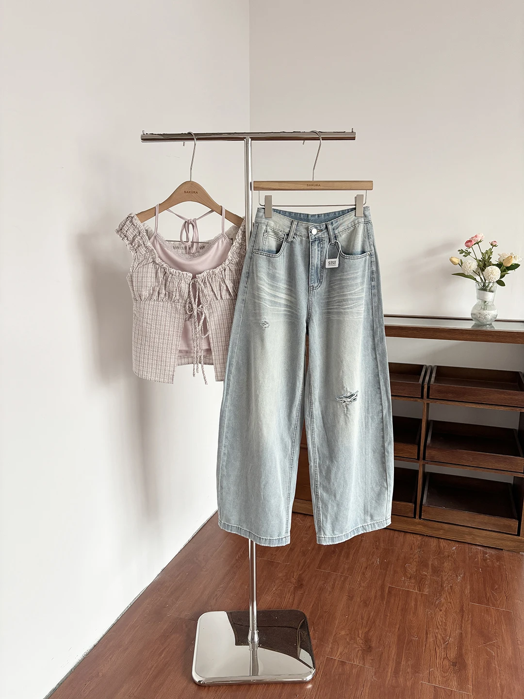 

High Waist Distressed Denim Jeans Women's Loose Wide Leg Floor-Length Pants Fashionable Korean Style Summer New Arrival