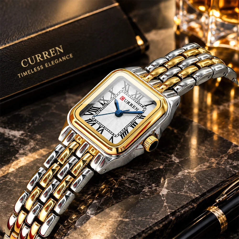 CURREN Brand Women Square Quartz Watch Roman Numeral Dial Luxury Steel Bracelet Elegant Vintage Dress Ladies Wristwatch Gift`