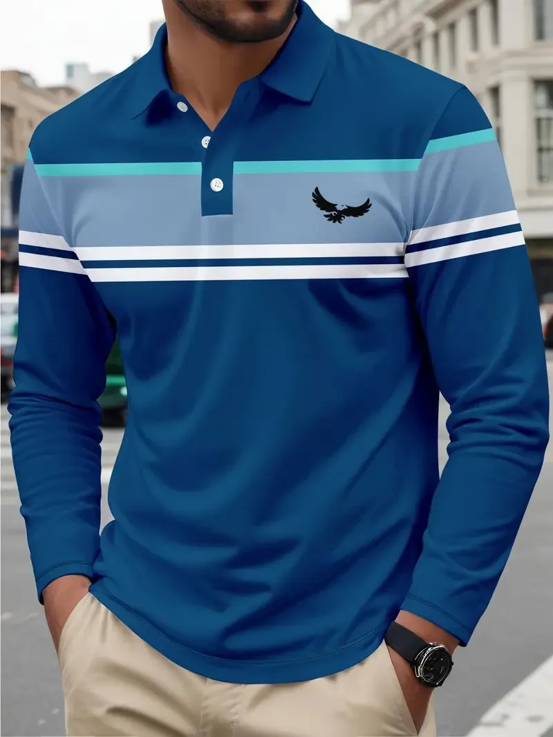 

The new men's long-sleeved POLO shirt for Spring and autumn 2025 features a casual and fashionable 3D striped pattern print
