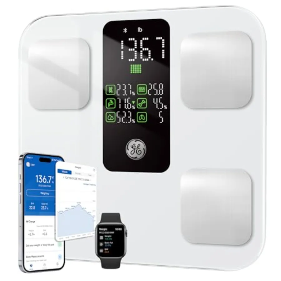 

Smart bathroom scales for body weight, fat, BMI, muscle mass: 14-body-composition metrics, large LCD display, accurate Bluetoot
