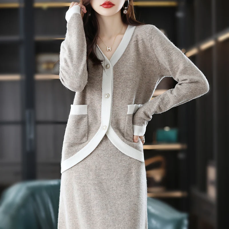 2023 Spring and Autumn 100%Wool Knitting Suit Women's Two-Piece Small Fragrance Cardigan Sweater Skirt Wool Suit Skirt