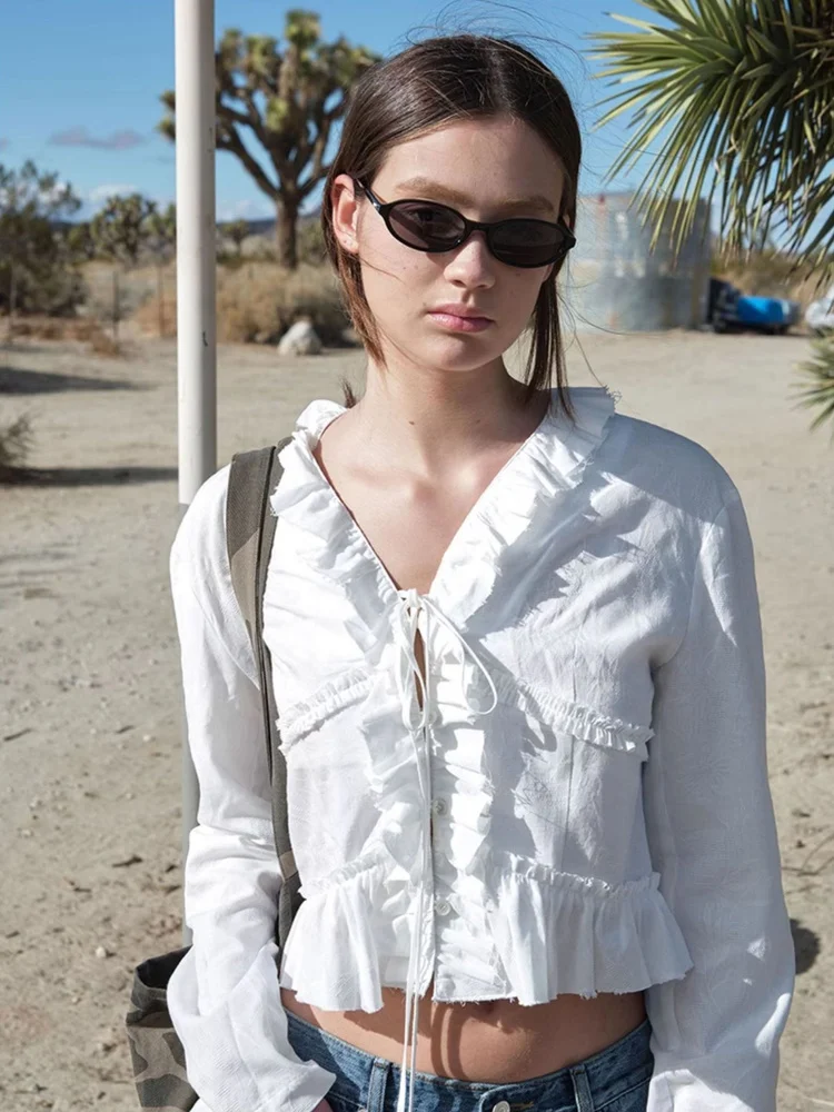   ort V-Ne レディース フリルヘムライン付きヴィンテージ スパイシーガール トップス コットン ロングスリーブ ボタン付きカーディガン