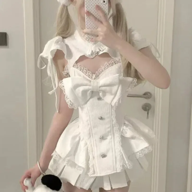 

Japanese Kawaii Lolita Suits Women Y2k Crop Top + Cake Mini Skirts Outfits Casual 2 Piece Skirts Set Chic 2000s American Vintage