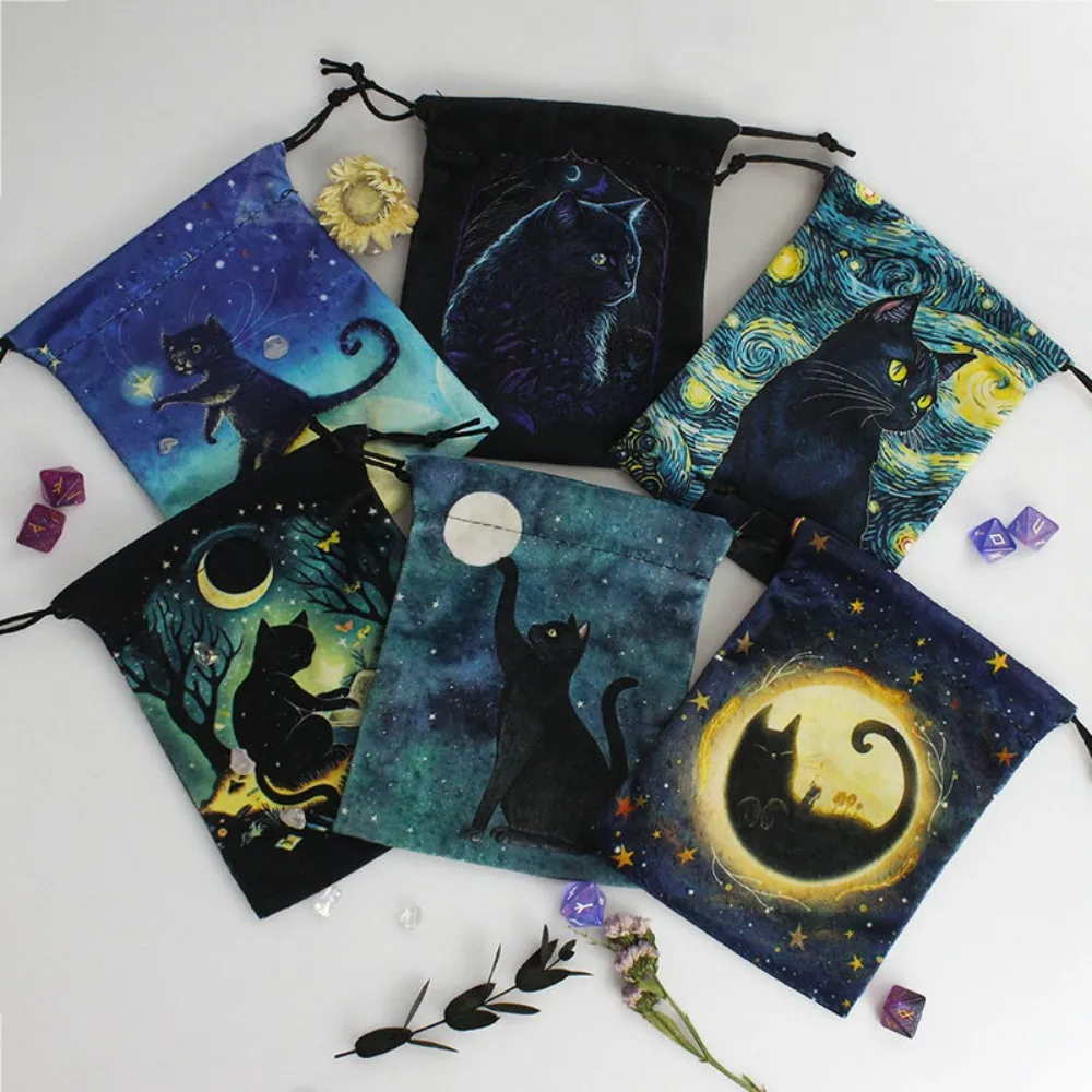 Pochette de rangement pour cartes de Tarot, 10 pièces, sac de Tarot chat noir, dés Rune et pochette à bijoux en cristal, sac de Divination de sorcière réutilisable