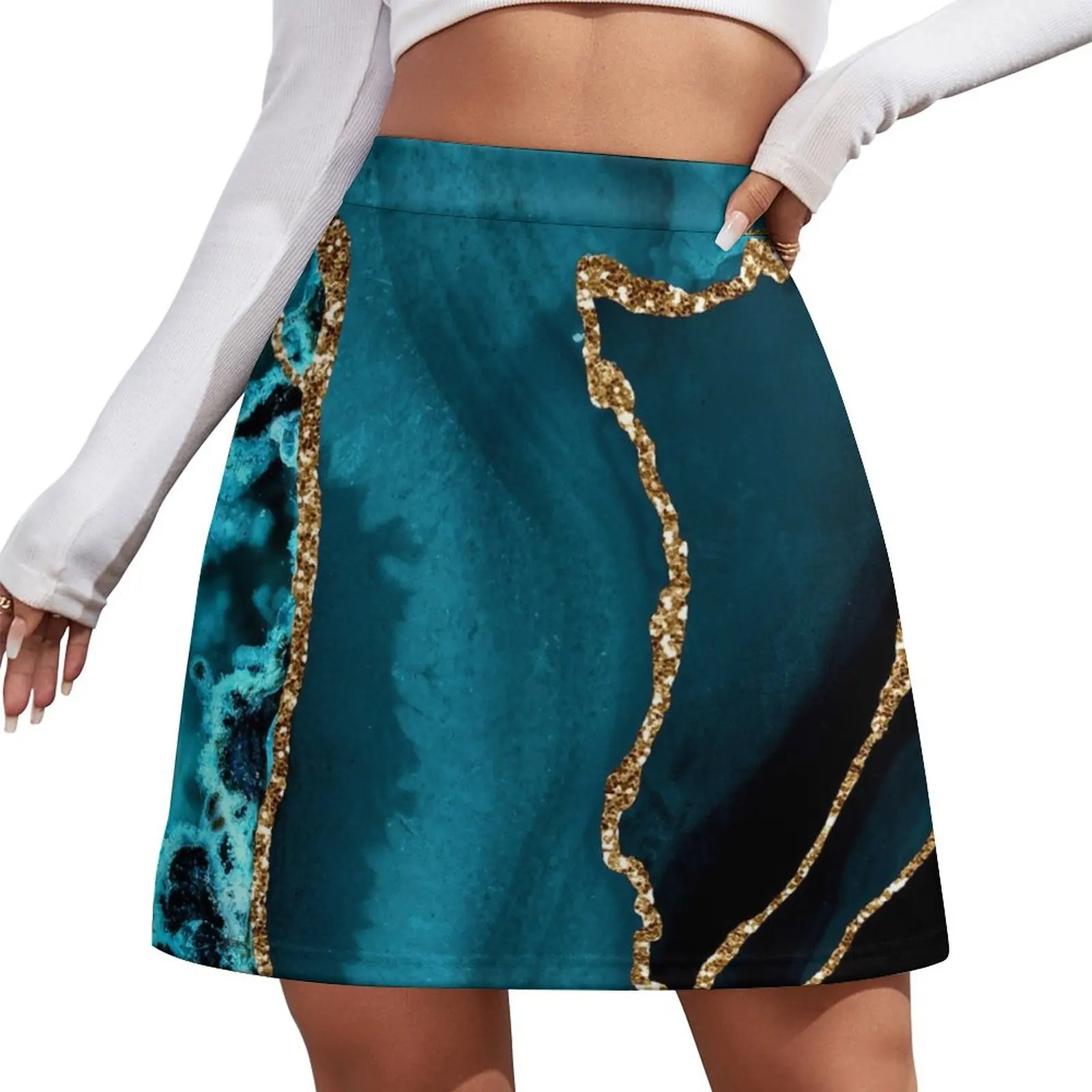 

Teal Blue And Gold-Hues (Faux) Marble-Agate Mini Skirt clothes for woman mini skirts womans clothing modest skirts for women