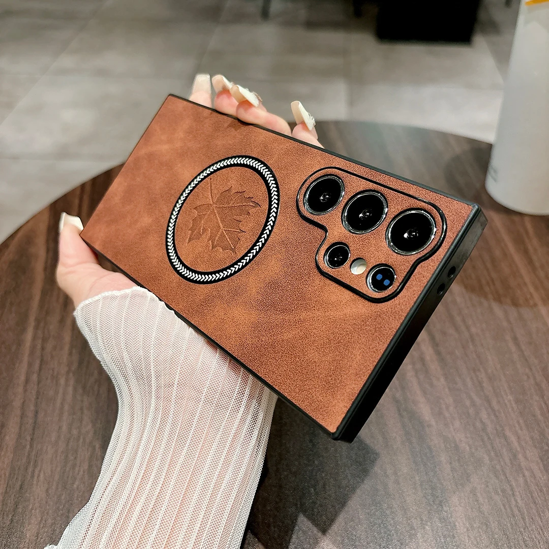 Magnetische Ledertasche für Samsung Galaxy S25 S24 S23 S22 S21 FE Ultra Plus Note20 Cover Maple Leaf Wireless Charge Magsafe Shell