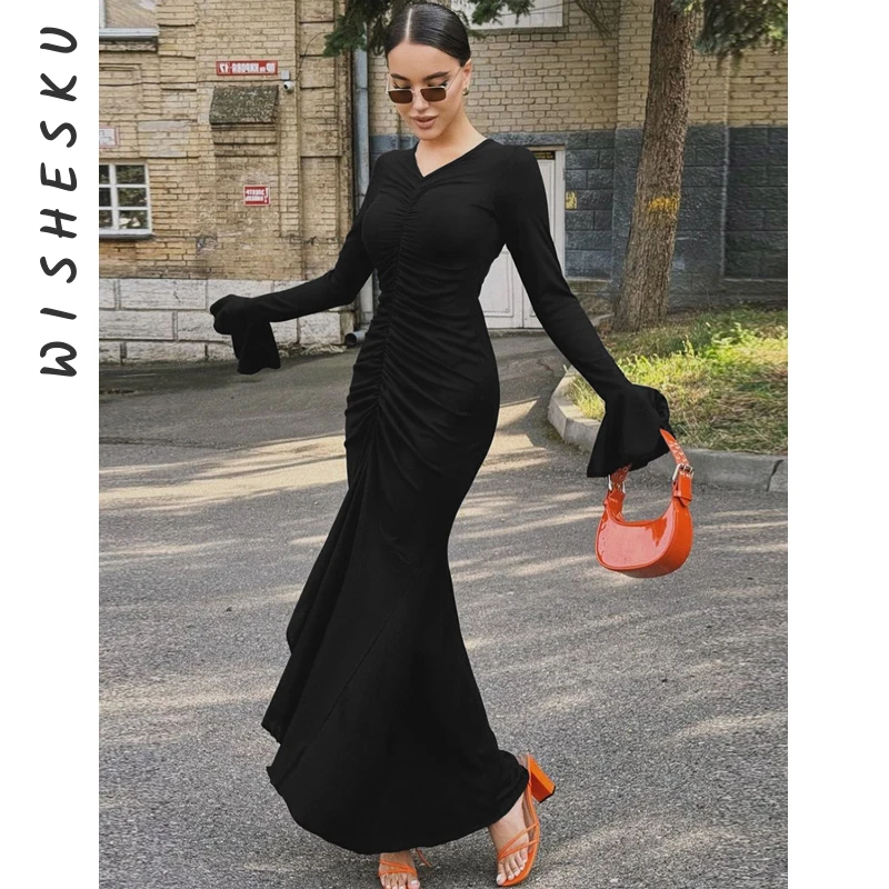 

Sexy V Neck Flare Long Sleeve Ruched Maxi Dress Elegant Black Goth Party Vestido 2024 Spring Fall Night Prom Mermaid Robe