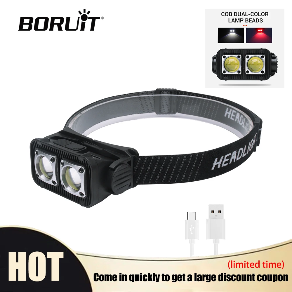

BORUiT COB светодиодный налобный фонарь с датчиком движения Type-C перезаряжаемый супер яркий водонепроницаемый фонарь для кемпинга, рыбалки, работы