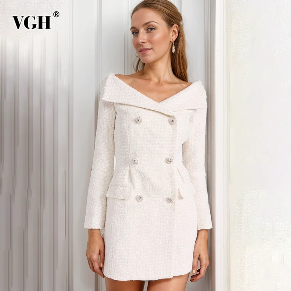 

VGH Elegant Spliced Button Mini Dresses For Women Slash Neck Long Sleeve High Waist Temperament Slimming Dress Female Fashion