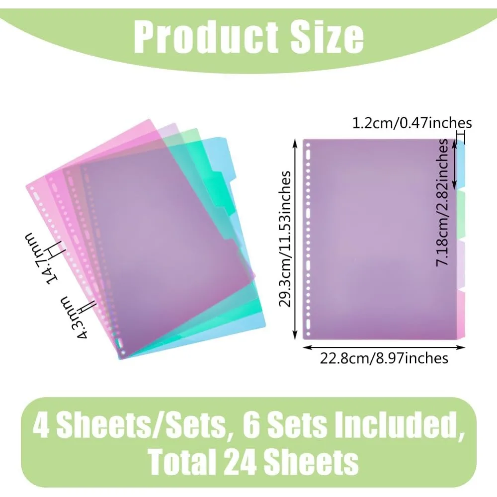 24 Sheets 4-Tab Binder Dividers A4 Plastic Blank Index Dividers Office Subject Dividers Colorful Loose Leaf Binders Multipunched